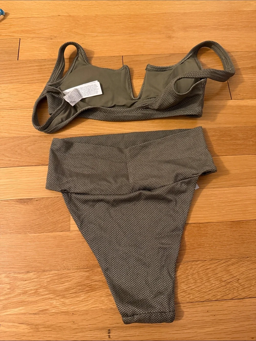 aerie Olive Textured V-Notch Bikini Set with High-Waist Fold